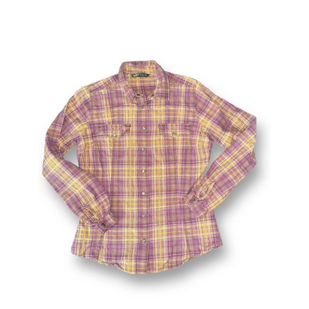 Woolrich Purple Yellow Plaid Pearl Snap Button Top Size S